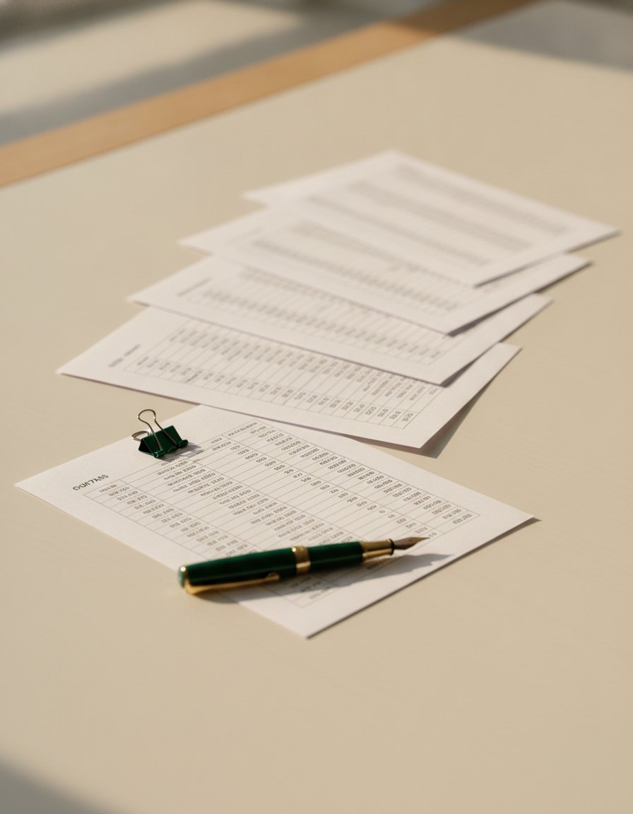 Six bank statements fanned in a row on a cream desk, the first one squared and clipped with a green paperclip, a green fountain pen resting across the last