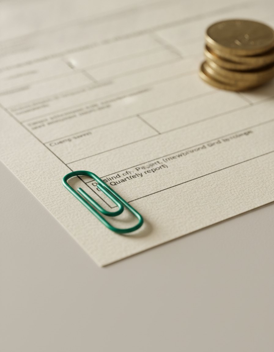 A cream quarterly tax form lying on a matte off-white desk with a short column of brass coins on its corner and an emerald-green paperclip at its edge, lit by soft window light