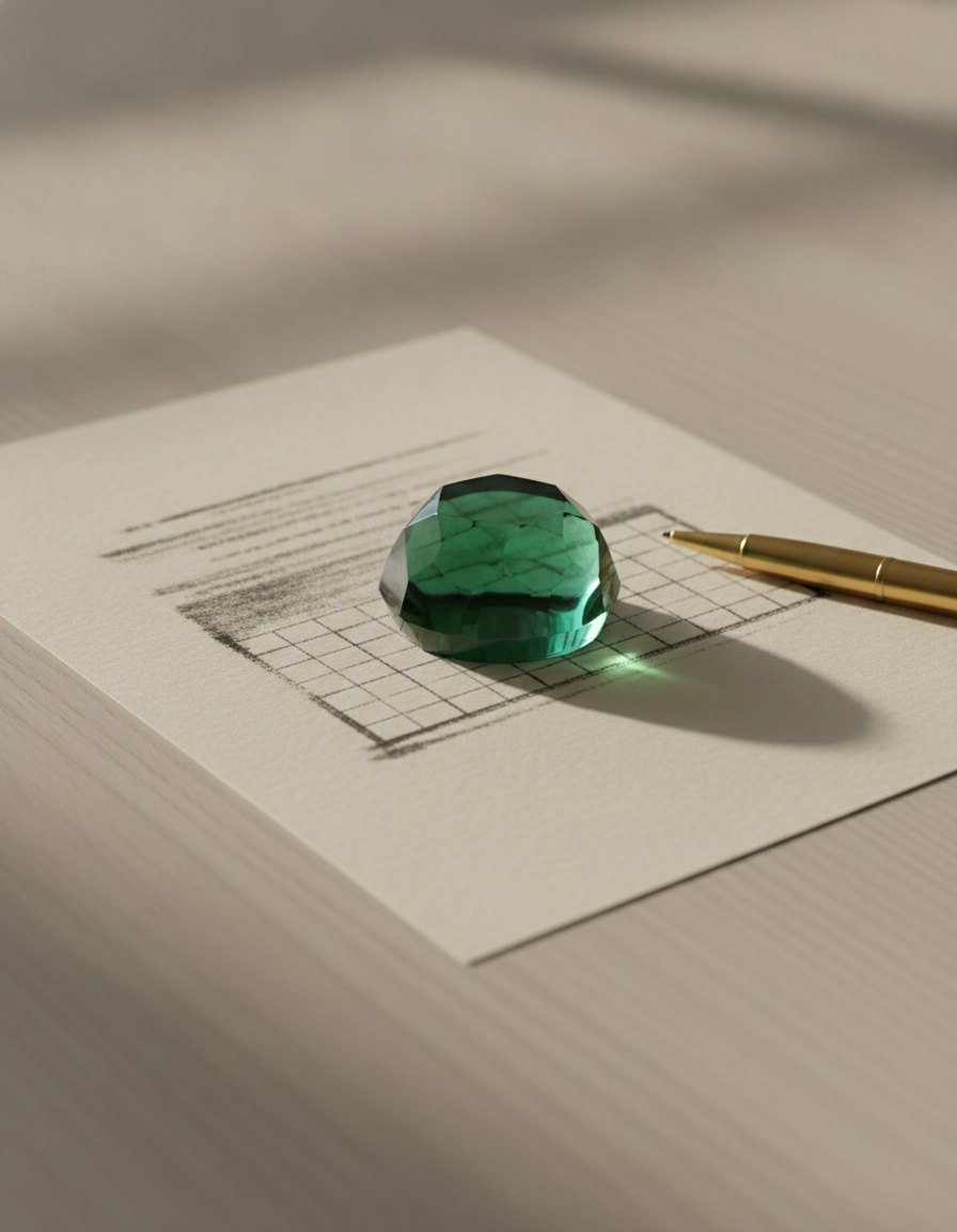 A cream letter with an unreadable price table lying on a matte off-white desk beneath an emerald-green glass paperweight, with a brass pen beside it in soft window light