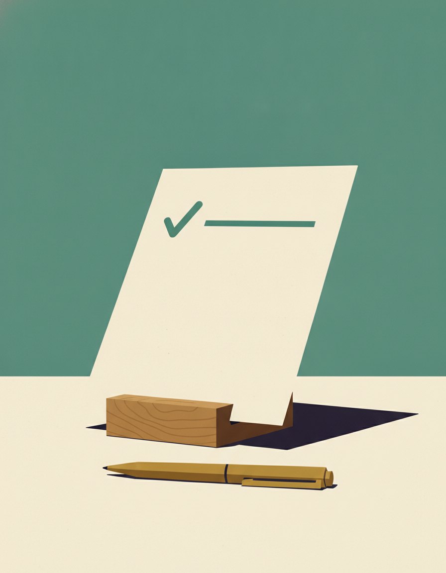 A cream checklist card propped against a small oak block on an off-white desk, one line ticked in emerald green, with a brass pen lying in front of it.
